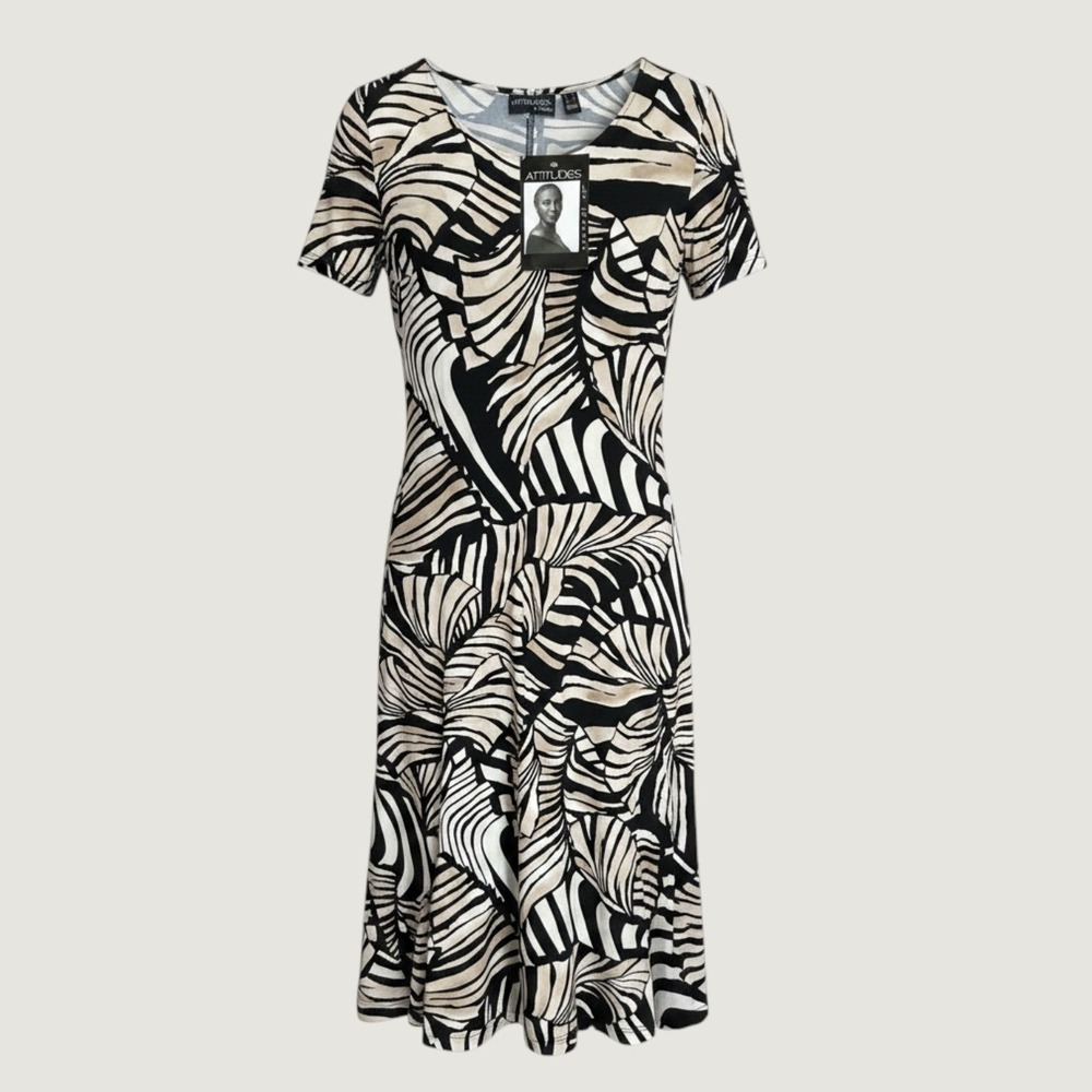 Attitudes By Renee Abstract Print Maxi Dress Womens L Black Tan Short Sleeve